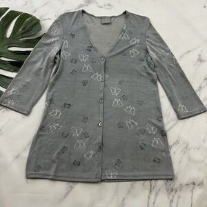 Rabbit Designs Womens Vintage Y2k Cardigan Sweater Size M Gray Butterfly Beaded